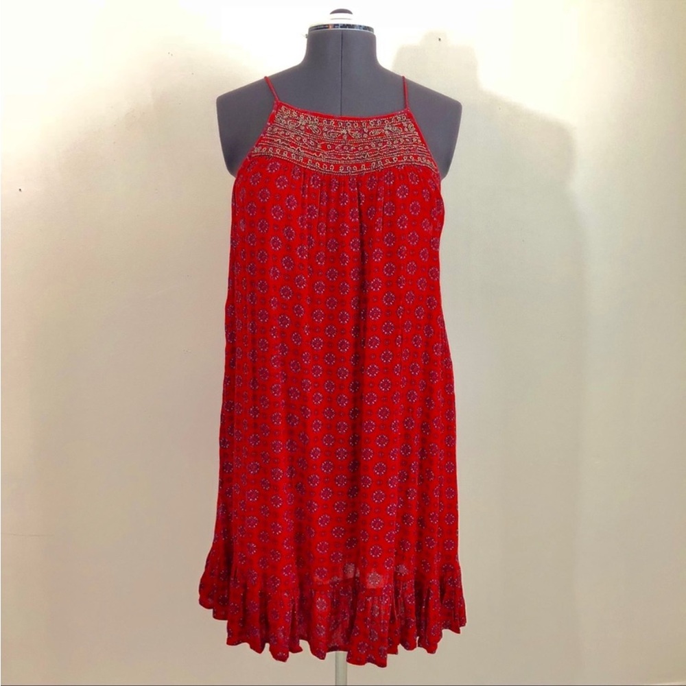 Braeve beaded Swing Halter Dress Red L